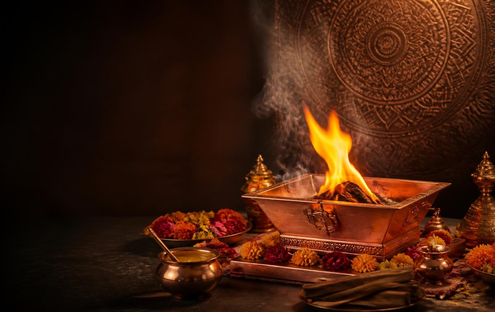 Sacred havan kund with rising flames and ritual offerings